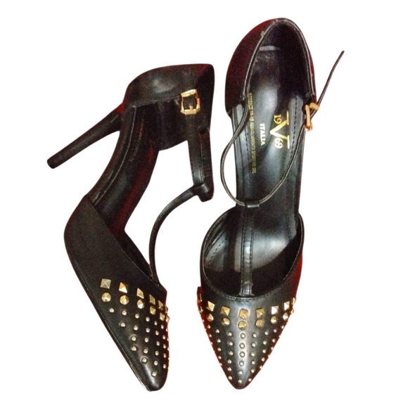 V 1969 Versace Mercedes Studded Black Heels Pointed Toe T-strap Pumps Size 7 M - Picture 1 of 14